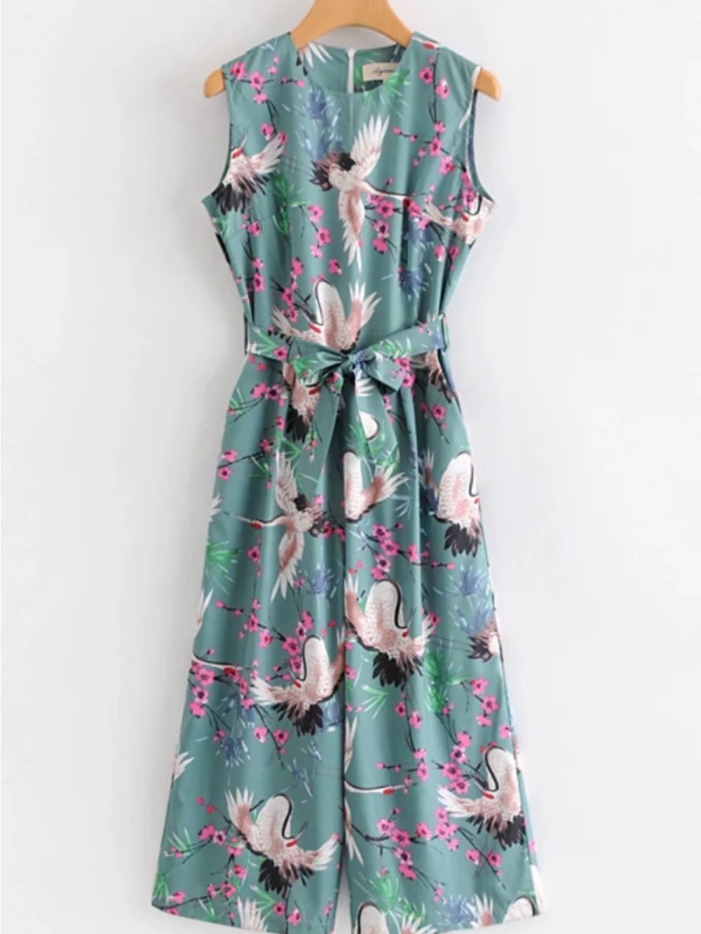 Crane print wide leg jumpsuit sage green Women M resort Japanese summer cottage